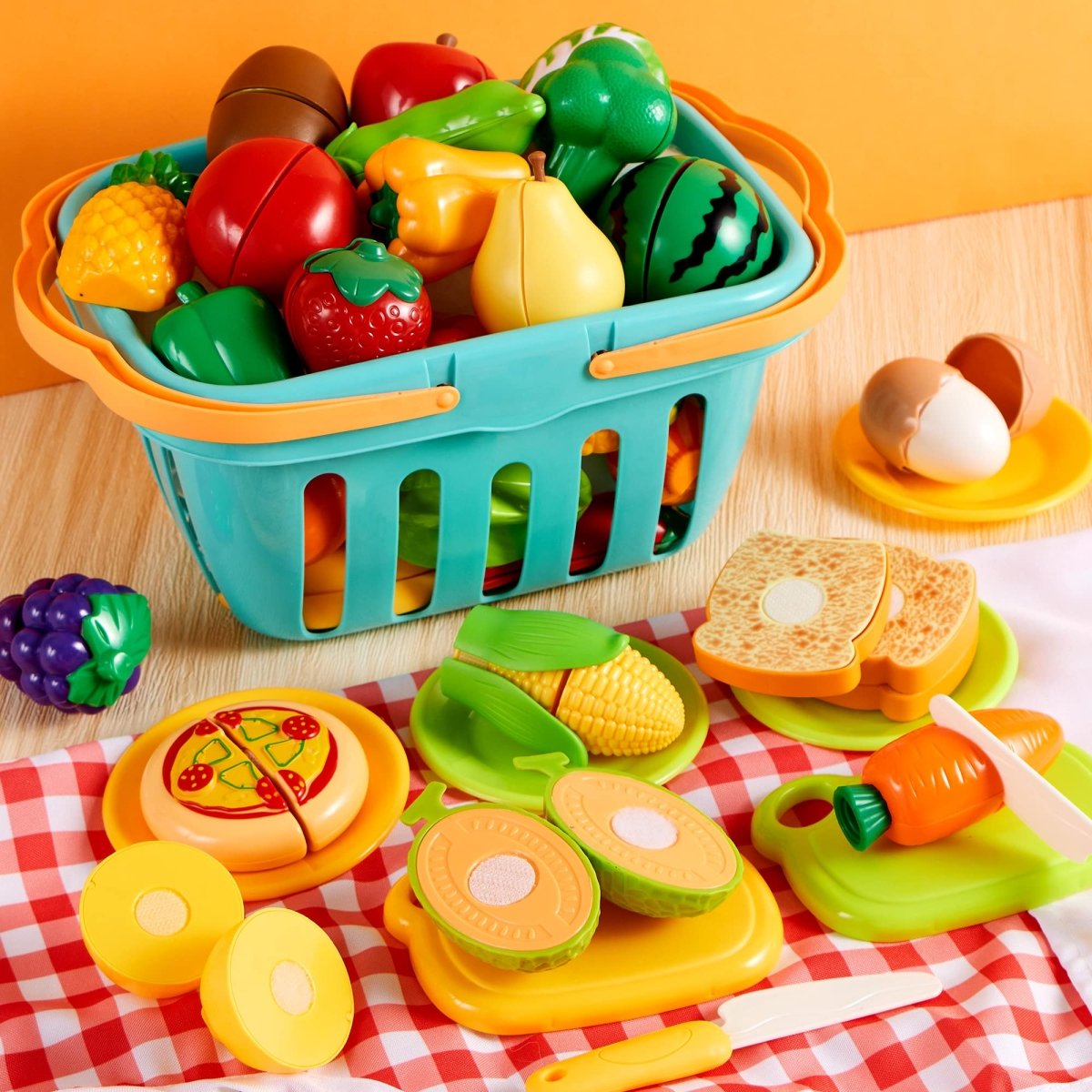 71Pcs Pretend Cutting Food Toy Set Fruits, Veggies, Basket Utensils - Babies Mall