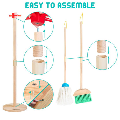 8 - Piece Wooden Cleaning Set for Kids with Mop Broom Brushes Stand Rag - Babies Mall