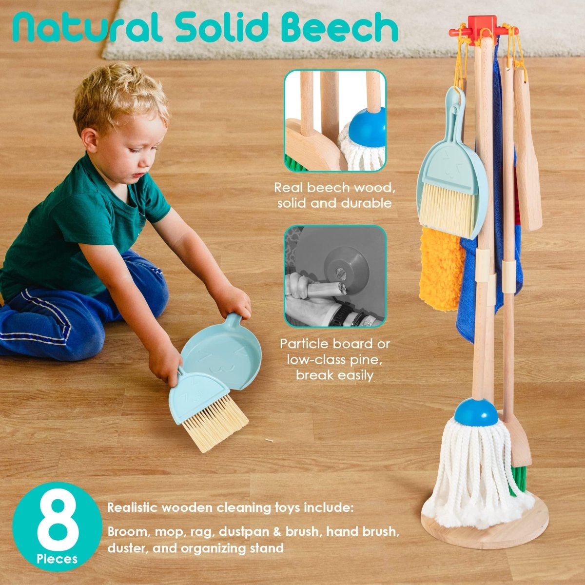 8 - Piece Wooden Cleaning Set for Kids with Mop Broom Brushes Stand Rag - Babies Mall