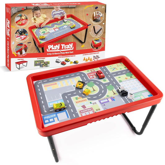 Adjustable Kids PlayTray Table with City & Race Mats and Car Toys Set - Babies Mall